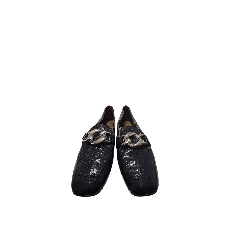 Donald Pliner Navy Blue Croc Embossed Patent Leather Chain Loafers Square Toe